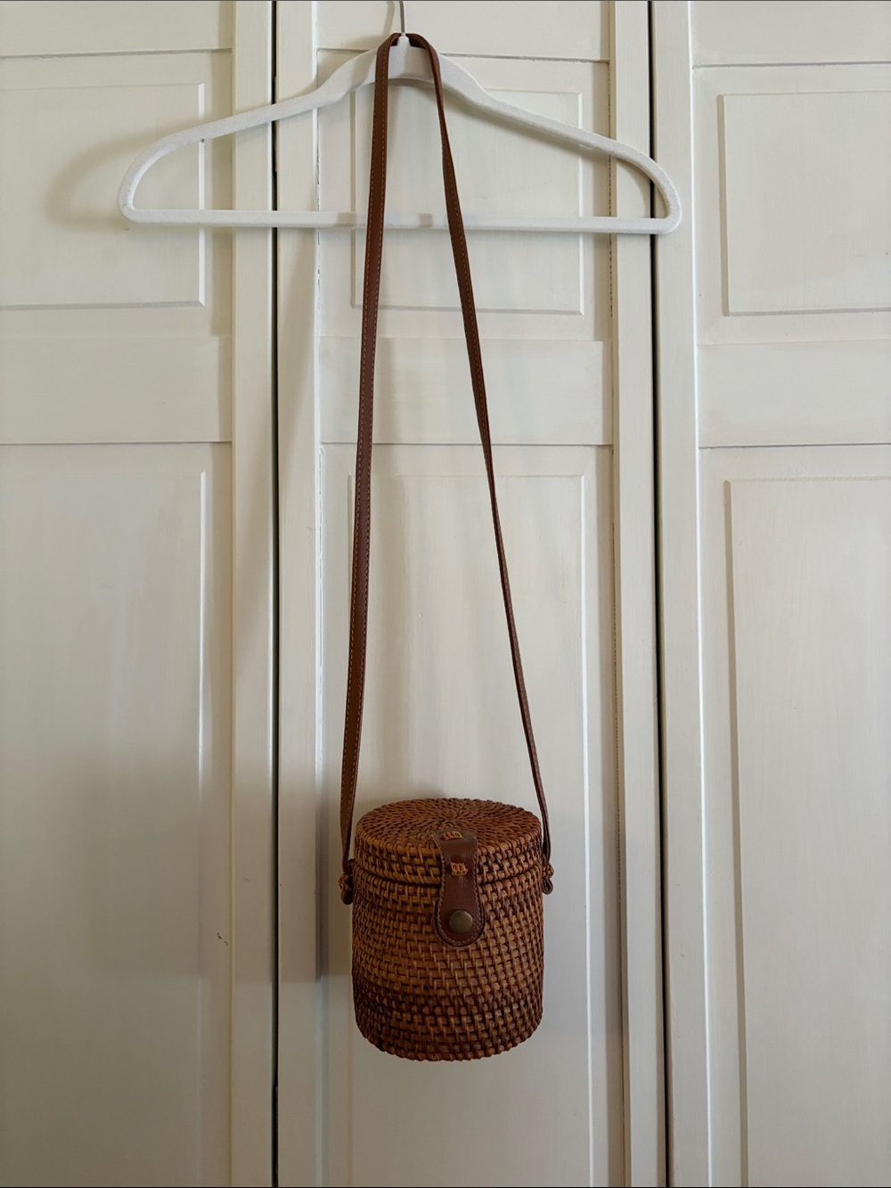 Brown Woven Cylinder Crossbody Bag